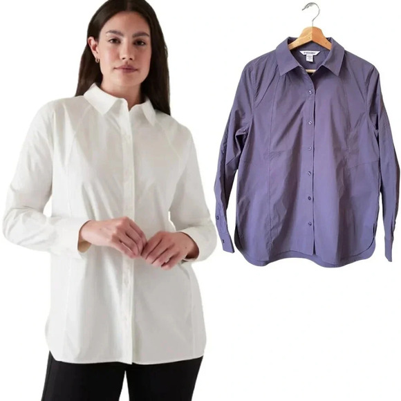 NWOT Athleta Women's Small Long Sleeve Relaxed Poplin Button Down Top Purple - Picture 1 of 16